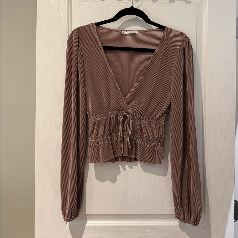 Zara Brass Pleated Long Sleeve Top